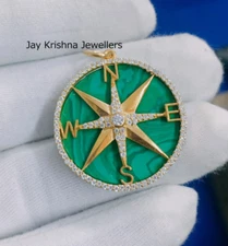 Green Malachite Compass Pendant, 925 Silver Medallion 4 Direction Diamond Locket