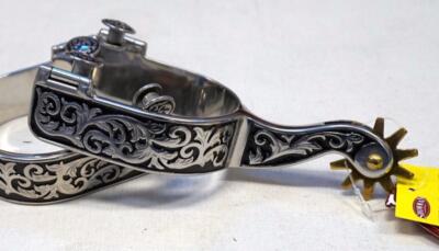 SS Engraved Show Western Spurs Black Inlay Engraved Showman 3.2/8'' boot width