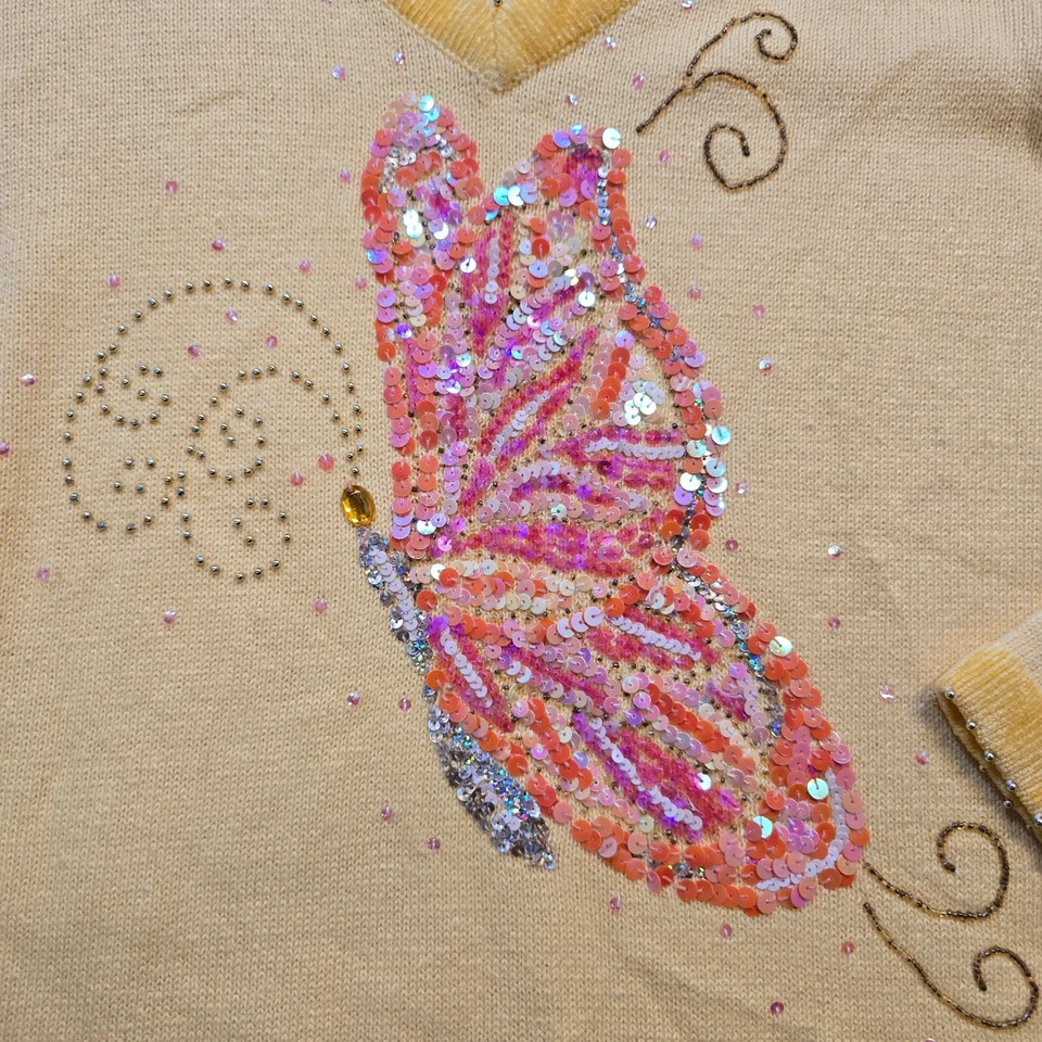 Quacker Factory Sweater Women Medium Yellow Butterfly Sequins Long Sleeve Casual - Image 3 of 4
