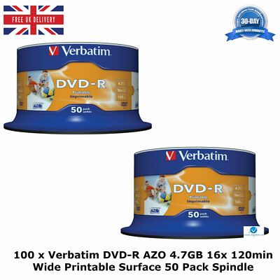 100 x Verbatim DVD-R AZO 700MB 16x 120min Wide Inkjet Printable Surface 50s Tubs
