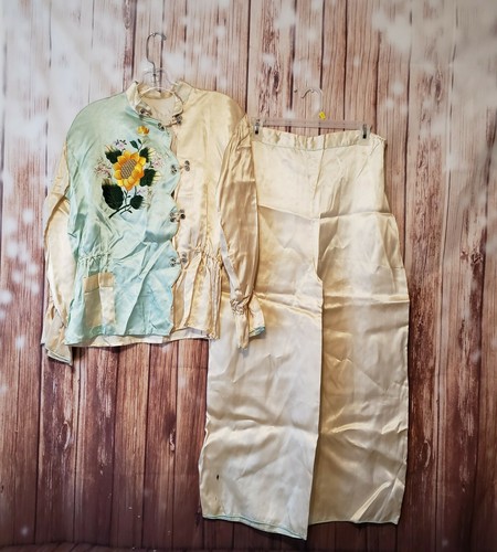 Vtg 40s 50s Colorblock Oriental Satin Asian Pajama