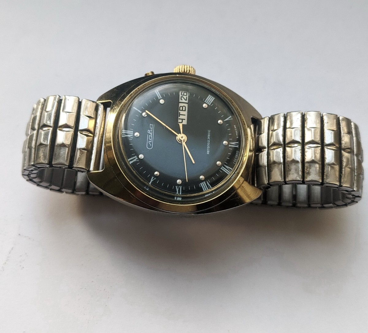 Wrist Watch Slava Automatic 27 Jewels Black Dial Mechanical USSR