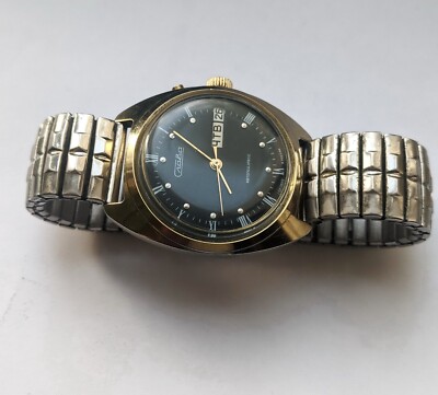 Wrist Watch Slava Automatic 27 Jewels Black Dial Mechanical USSR Soviet Working