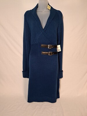 Ladies Allison Brittany Blue Sweater Dress w/Double Faux Leather Belt Shawl  NEW | eBay