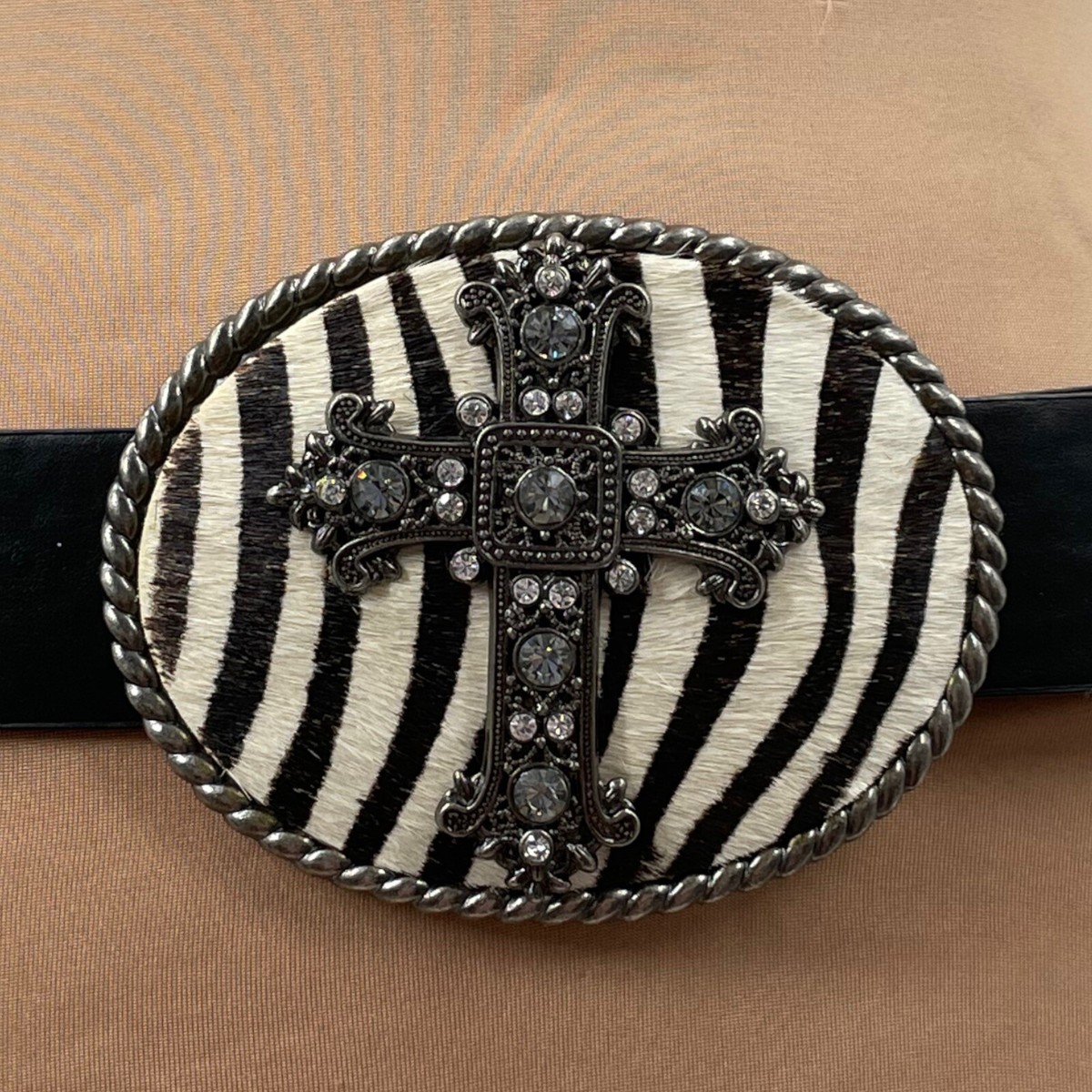 Vintage Black Leather Belt Buckle Zebra Calf Hair Rhinestone Gunmetal Cross M:L Chrome Hearts Zebra Pony Hair 2-Piece Leather Gunslinger  main image 4