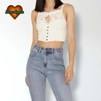Women's Off White Ecru Boho Coquette 'Have My Heart' Halter Tank Top