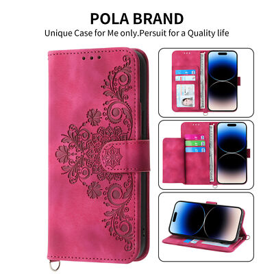 Strap Flower Card Wallet Phone Case For iPhone 16 15 14 12 13 11 Pro Max 8 7 XR