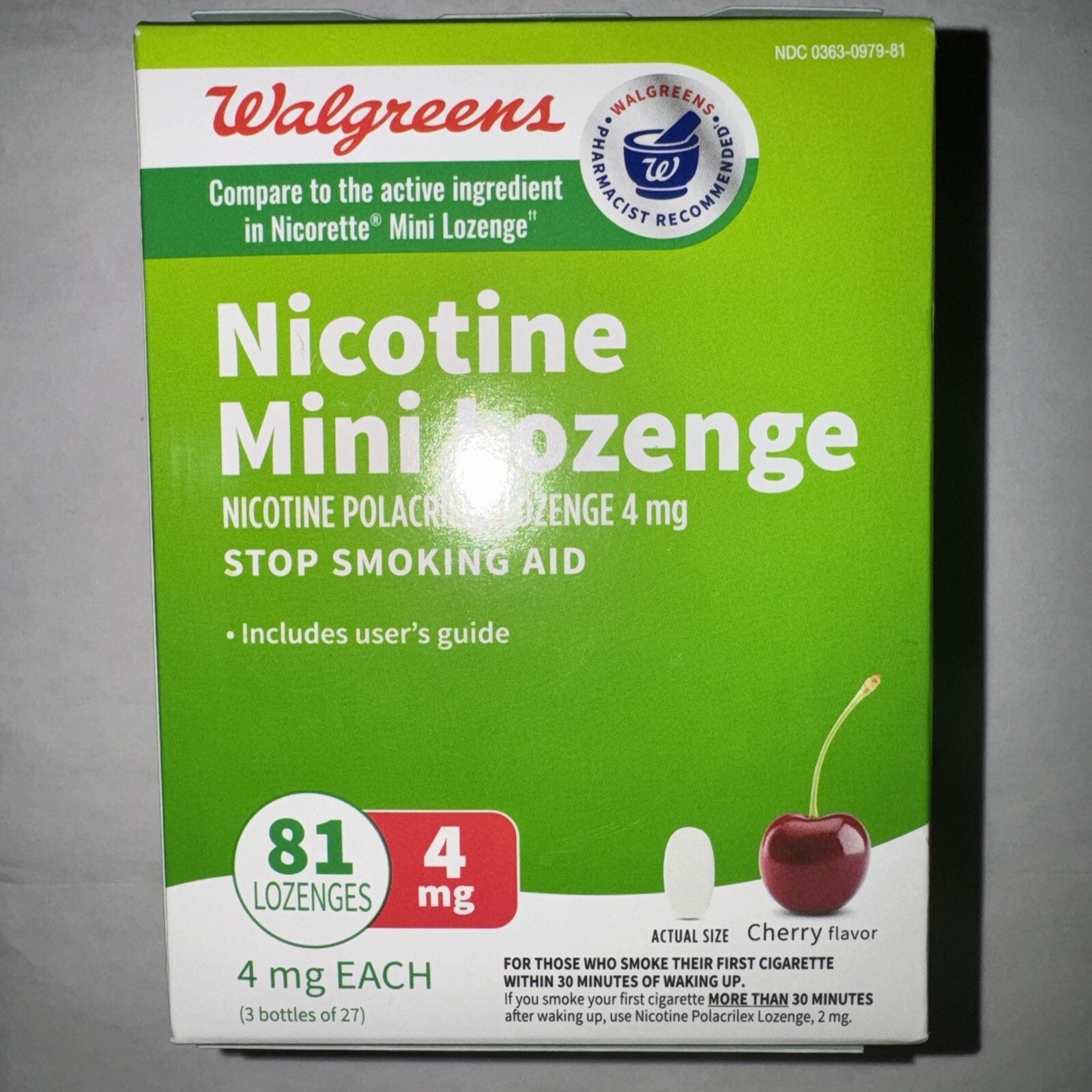 LOT OF 2 Walgreens Mini Nicotine Lozenges Cherry 4mg 81 Ct ea Exp 10