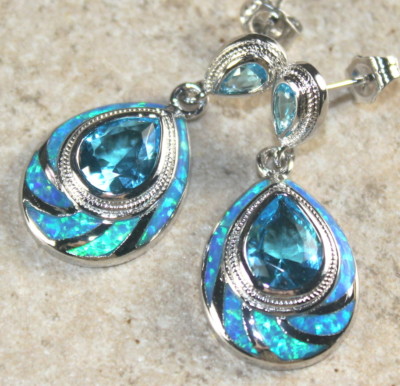SILVER Elegant Blue Fire Opal & Sky Blue Topaz Stud Earrings WE40102