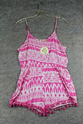 E2 Clothing Romper Junior's Medium M Pink White Tank Pom Pom Shorts Nwt