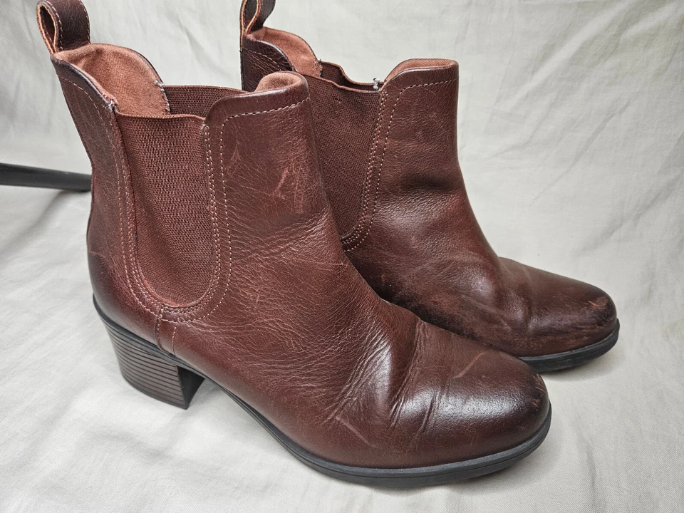 Clarks Botas Chelsea al Tobillo para Mujer 10 Cuero Marrón Tirar de Tacón Bloque Punta Redonda Foto 2 de 4