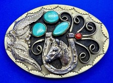 Southwestern Indian Style Lucky Horseshoe Feathers Faux Turquoise Belt Buckle