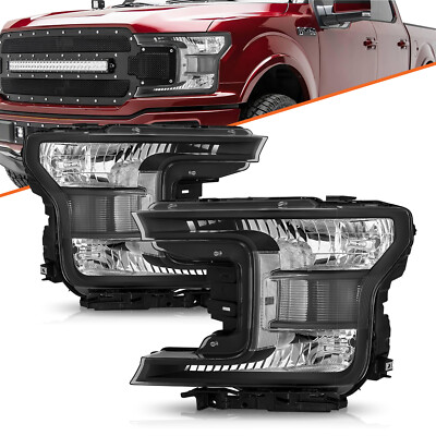 Fit 2018-2020 Ford F150 Pickup Truck Halogen Black Headlights Lamps Pair