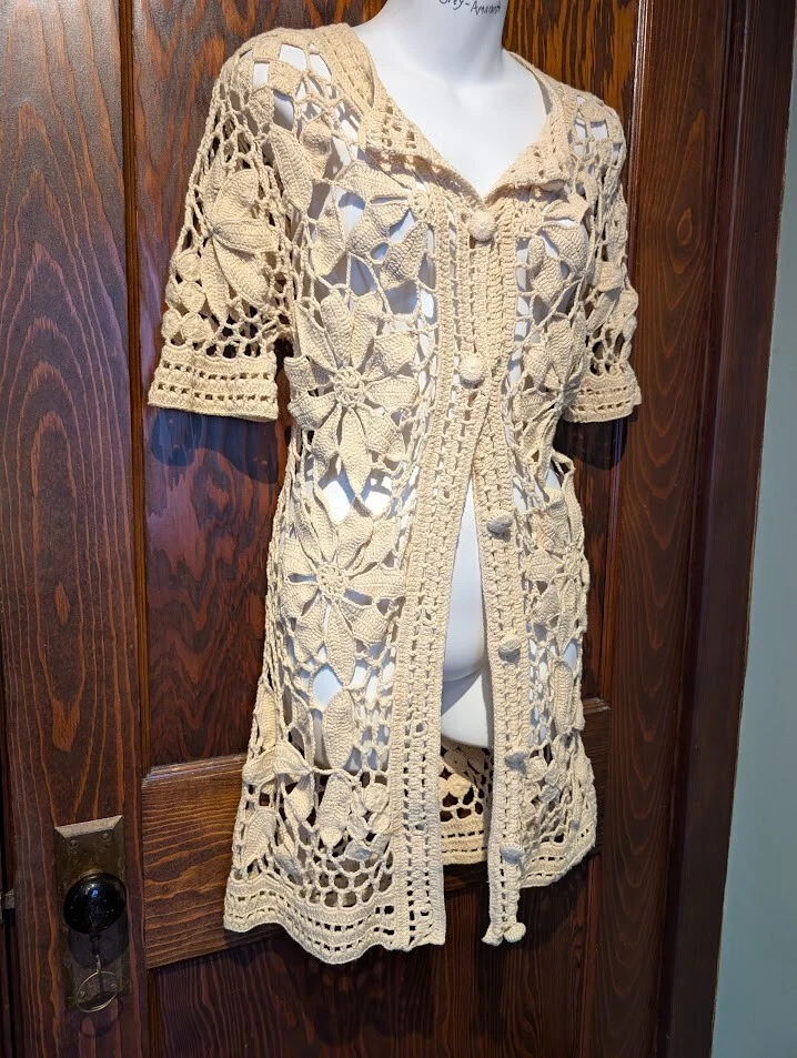 BETSEY JOHNSON Beige Algodón Crochet Midi Largo Cárdigan Floral Suéter Plumero 1D Foto 2 de 4