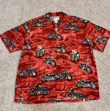 Paradise Found Vintage Motorbikes Men’s Button Front Aloha Red Shirt Rayon XL