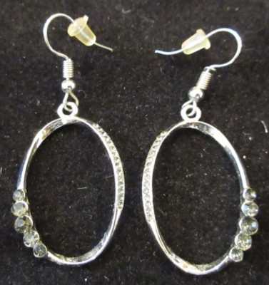 Silver Tone Loop Dangle Drop Pierced Earrings w/ Pave Bezel Set Cubic Zirconia