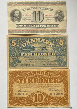 Set of 3 WW2 era 1942 Denmark Fem 5 & 1936 + 1943 Ti 10 Kroner Banknotes Bills