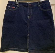 Vintage 90s Tommy Jeans Dark Wash Logo Patch Denim Mini Skirt Sz 15 Fits L 10/12