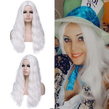 24" Long White Curly Wavy Wig For Women Heat Resistant Fiber Wigs Halloween C...