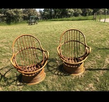 Vintage swivel & tilt cane bamboo rocking chair boho retro mid century MCM 1970s
