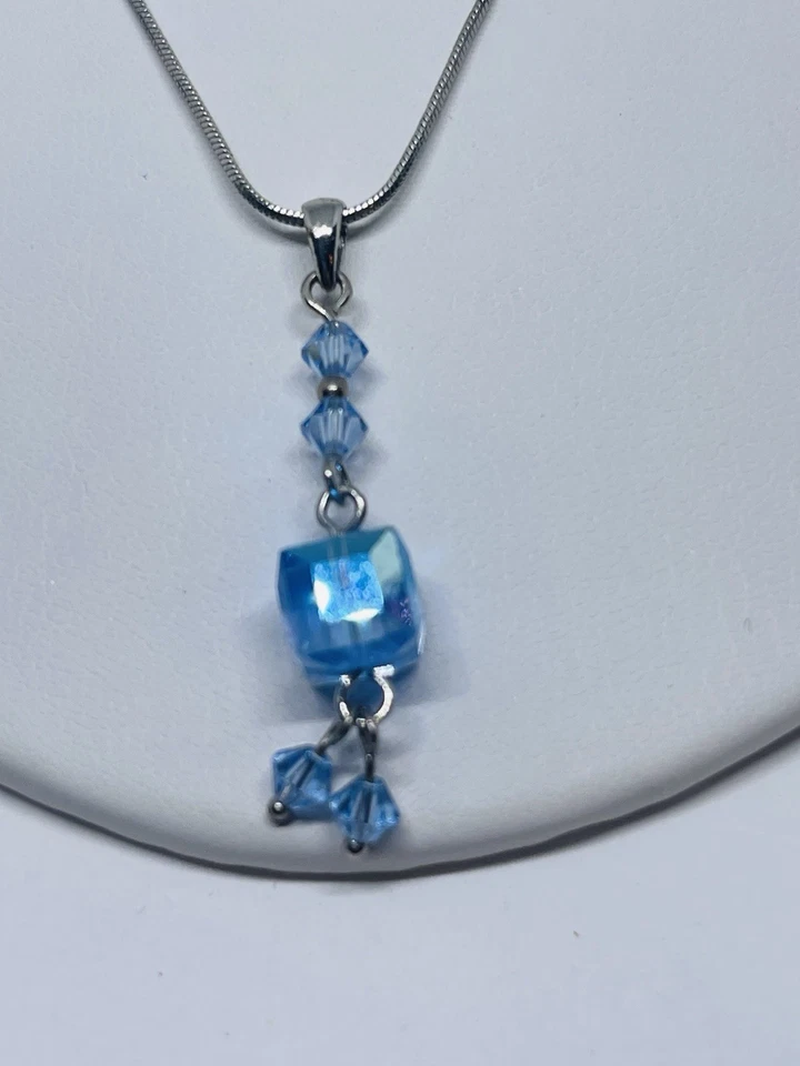 Blue Swarovski Crystal Cube Pendant Rhodium Plated Sterling Silver Necklace 16” - Image 2 of 4