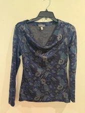 Ibex Diana Blue Abstract Floral Cowl Neck Lightweight Merino Wool Top XS