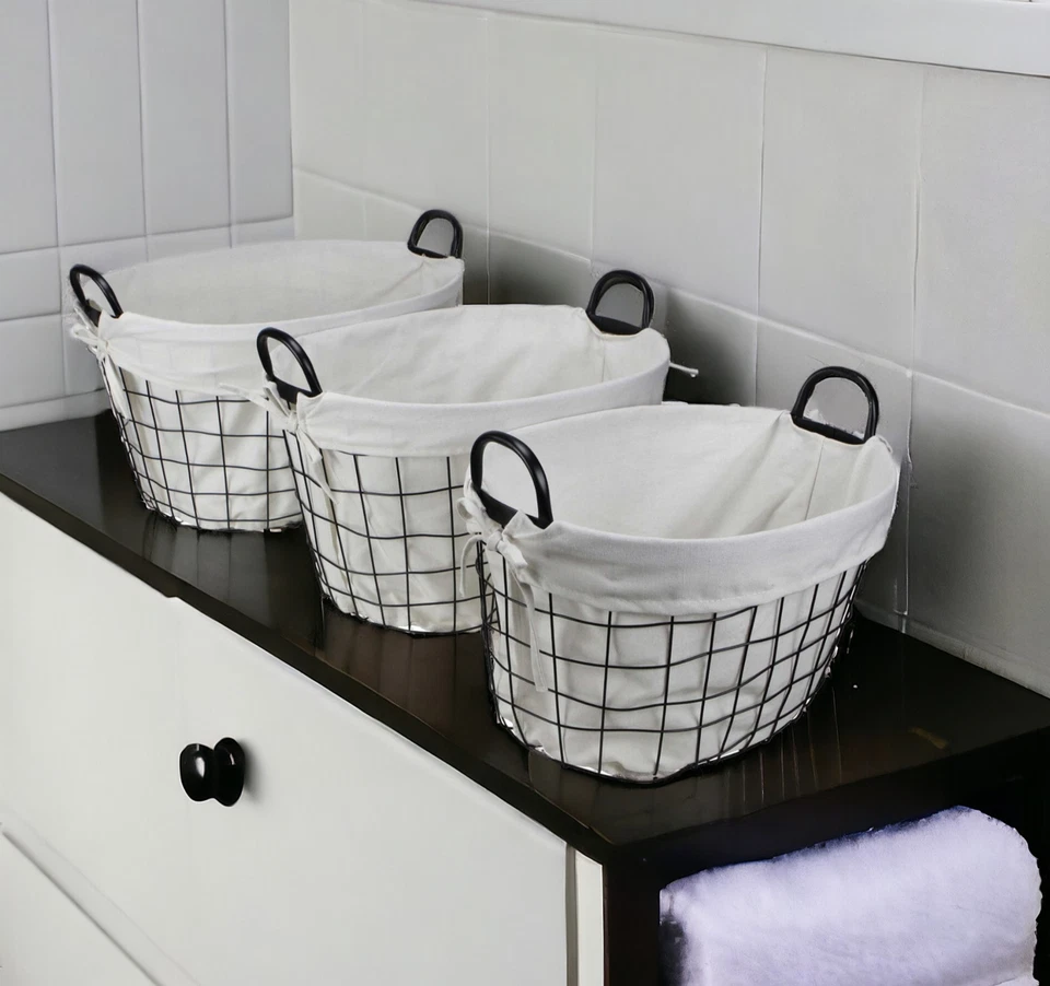 Set Of Three Black Oval Wire Baskets with White Fabric Liners and Handles - Image 2 of 4