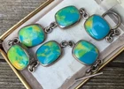 Vintage STERLING 925 BLUE GREEN ART GLASS CABS Bracelet 7 1/2” Wearable MEXICO