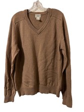 LL Bean 100 Lambswool Sweater Jumper Mens L Tan V-Neck Classic Preppy Basics