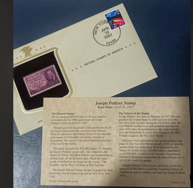 Postal Commemorative Society Joseph Pulitzer 1947 Stamp 100th Anniversary Bird