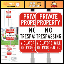 2 Pack No Trespassing Signs - 10x14 Metal Private Property Signs with 36" Stake,