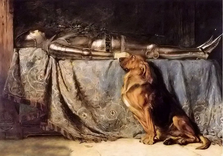 Dog on bed painting sales