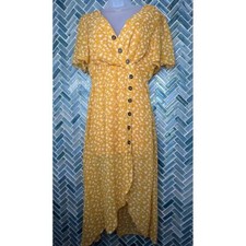 Lulus After-Bloom Delight Golden Yellow Floral Print Short Sleeve Midi Dress SM