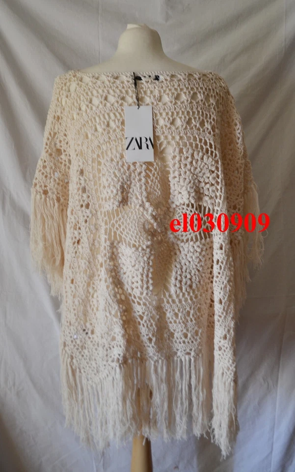 ZARA NUEVO CAFTÁN TEJIDO MUJER CON FLECOS TALLA ÚNICA M CRUDO REF. 3653/002 Foto 4 de 4