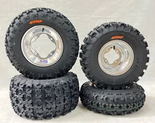 DWT A5 Polished Rolled Lip Front Rear Rims Sunf A027 Tires Yamaha YFZ450 YFZ450R