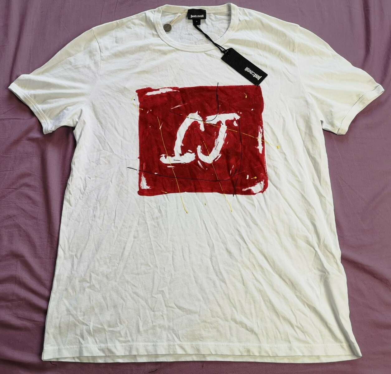 Camiseta para hombre Just Cavalli blanca roja estampada gráfica talla L grande nueva con etiquetas