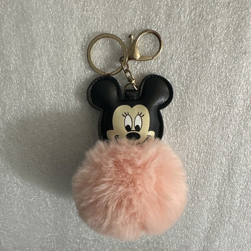 Disney Mickey Mouse Keychain Pink Fuzzy Pom Pom - Afbeelding 1 van 3