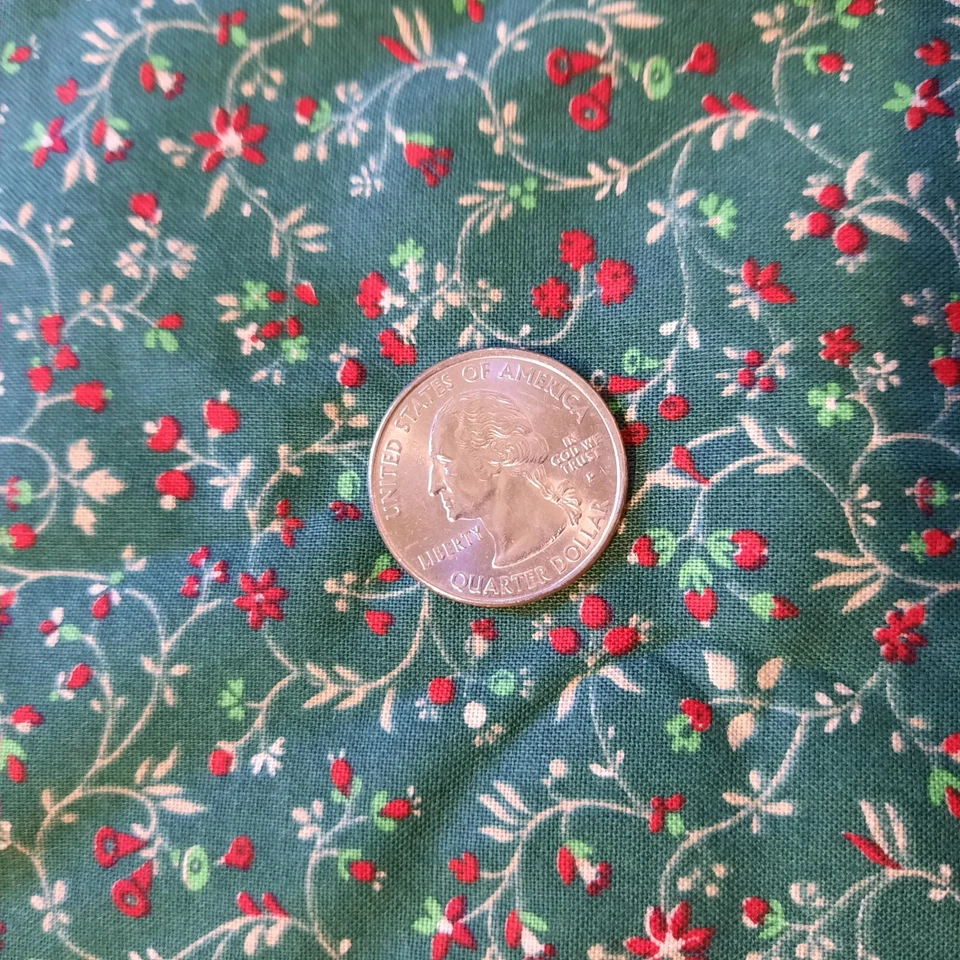 Green Red Tan Small Floral Vine Fabric Concord Fabrics 42" x 71" Cotton - Image 2 of 4