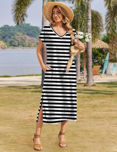 Summer Floral V-Neck Maxi Dress Short Sleeve Casual Beach Dress with Pockets - Picture 42 of 109