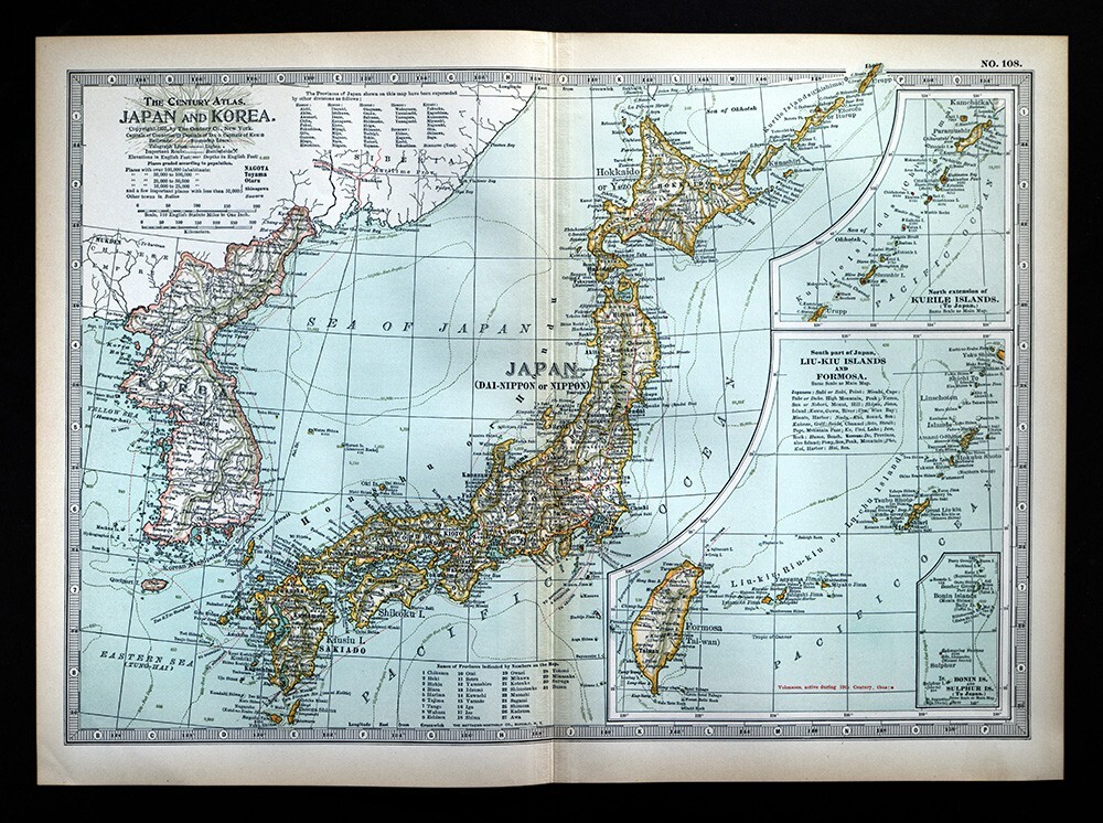 1897 Century Map China Japan South Korea Taiwan Kurile Islands