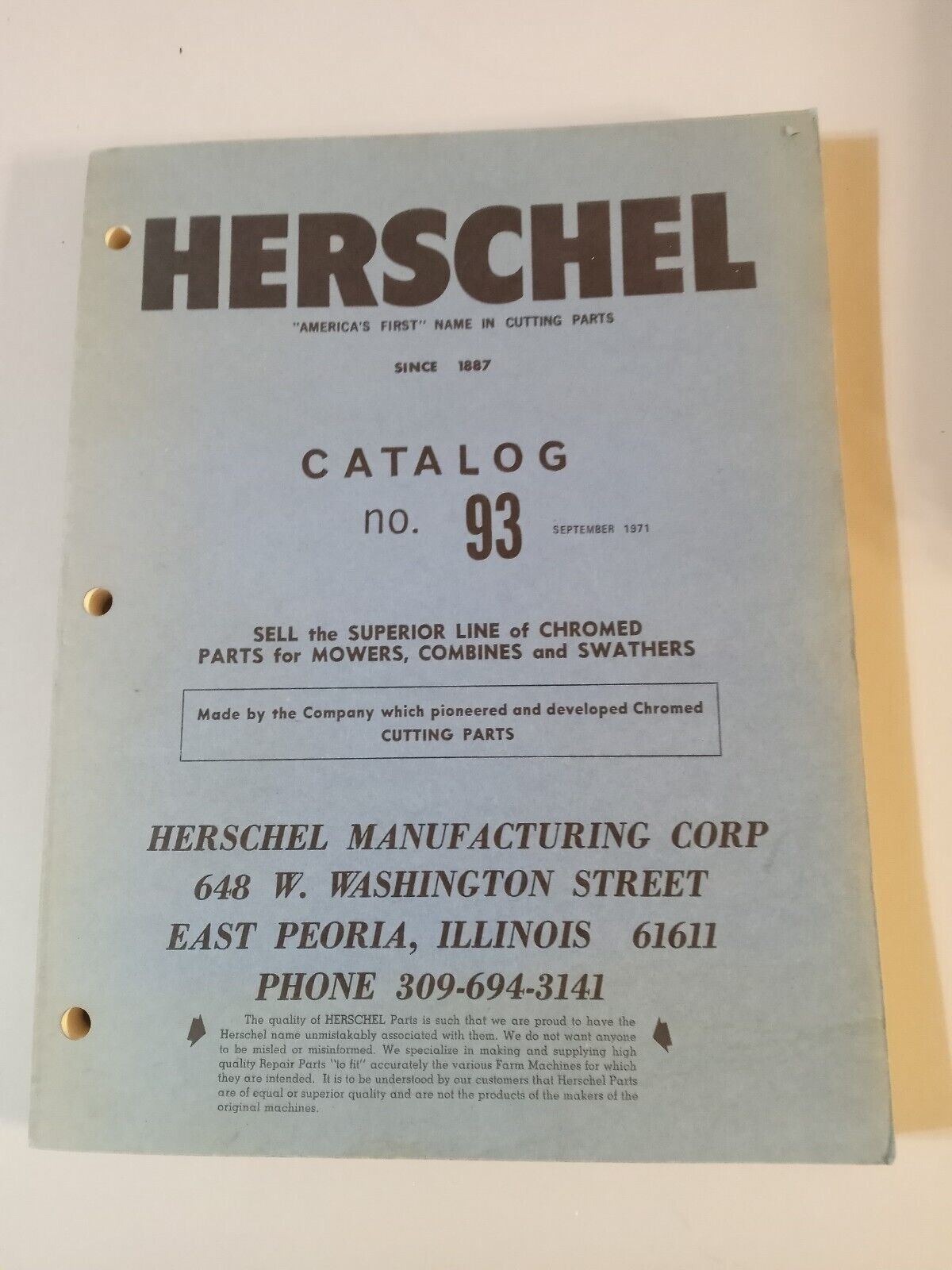 Vintage 1971 HERSCHEL Farm Implement Parts Wholesale Catalog