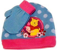 Disney Winnie The Pooh Toddler Boys Girl's Blue  Pink Beanie Hat  Mitten Set