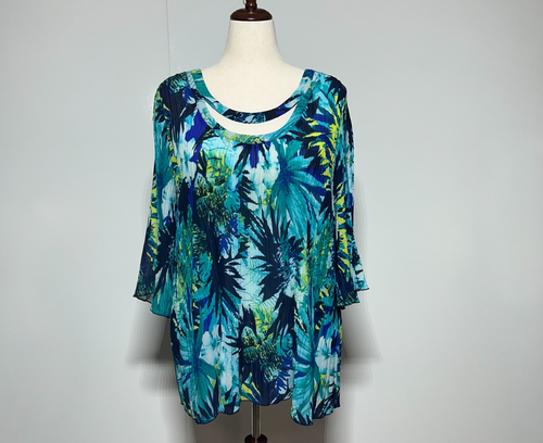 Catherines Top Womens 2X 22-24W Blue Green Tropical Accordion Pleat Bell Sleeve - Picture 2 of 10