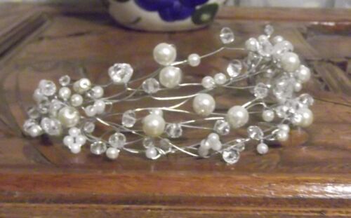 CRYSTAL & PEARL WIRE TIARA BRIDAL HEADPIECE, Silver,Handcrafted, NEW, Australia - Picture 1 of 2