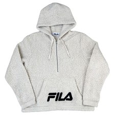 Fila Beige Fleeced Hoodie Women s Size Medium Pullover 1/4 Zip Long Sleeve