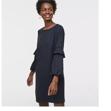 Women's LOFT Plaid Flounce Sleeve Dress Size 6 Navy Blue Green Holiday