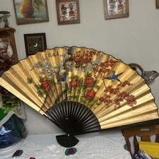 Set of two Vintage Hand Painted Oriental Folding Fan - Large Wall Hanging Art De