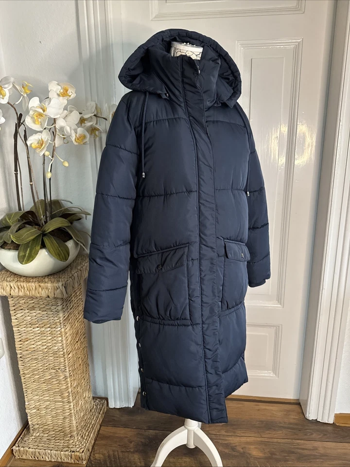 Kaffe Damen Wintermantel Blau Sehr Lang Gr 38 Großer Kragen + Kapuze Steppmantel - Bild 2 von 4