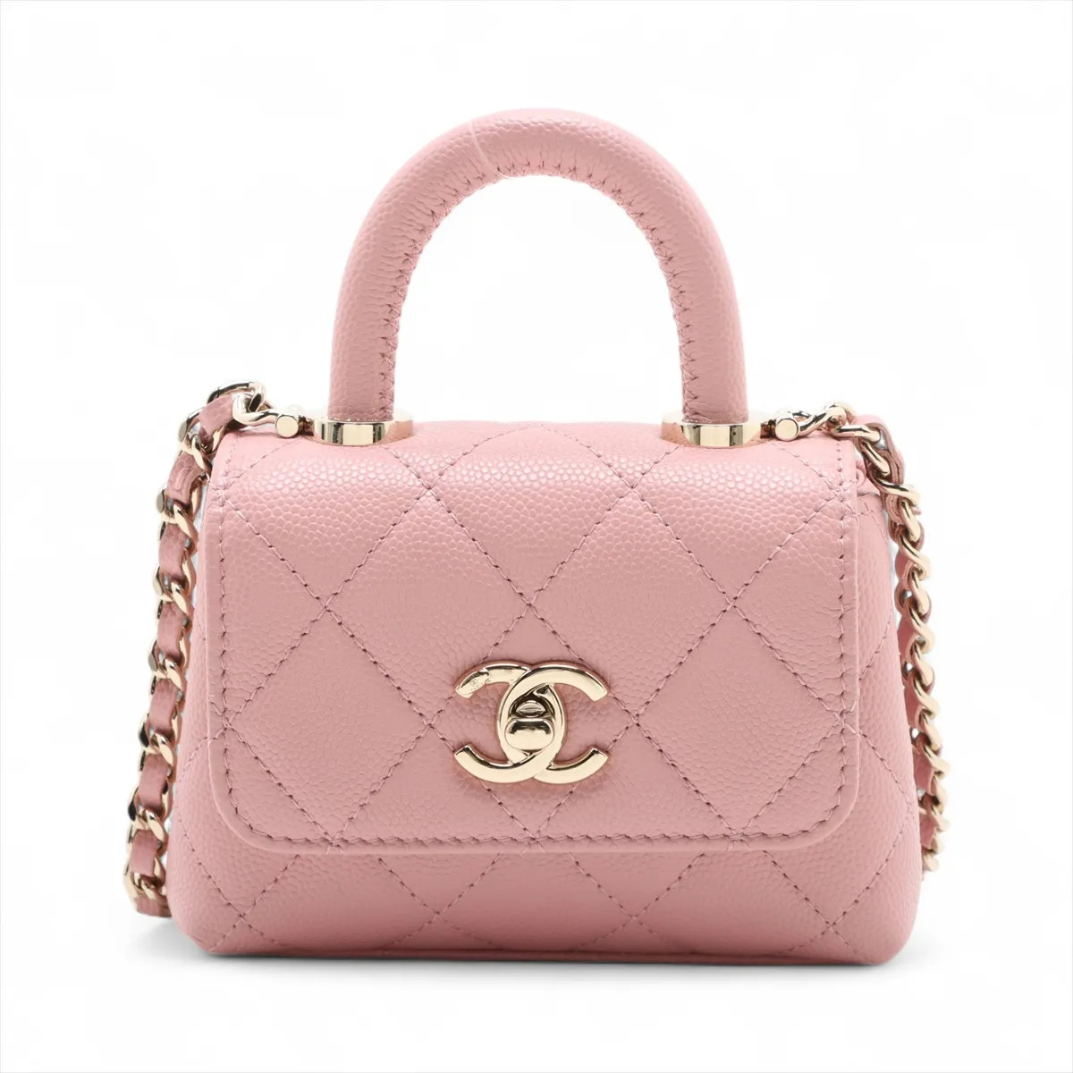 Chanel Coco Handle Mini-mini Caviar Skin 2 Way Shoulder Bag Pink Gold Metal Fitt