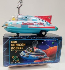 MINI SONICON ROCKET TIN LITHO REPRO PULL BACK ACTION TOY - 1997 JAPAN - MASUDAYA